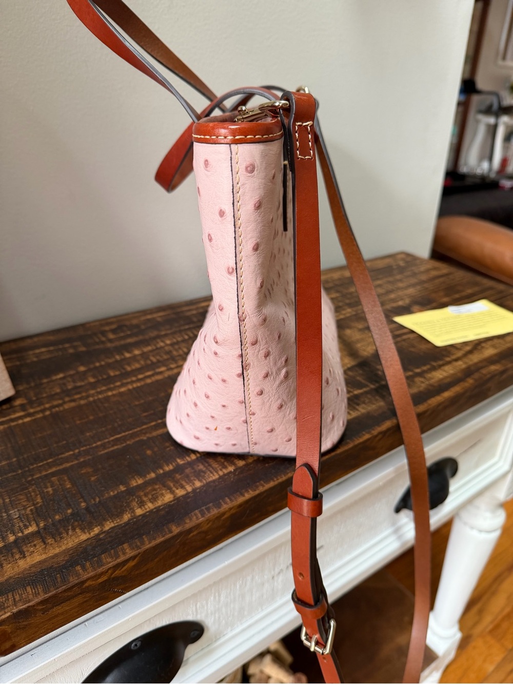 Dooney & Bourke Blush Ostrich-Embossed Tote with Brown Trim and Strap - Picture 10 of 12